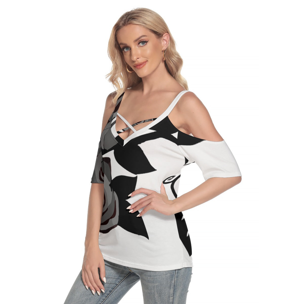 Women's Cold Shoulder T-shirt With Criss Cross Strips