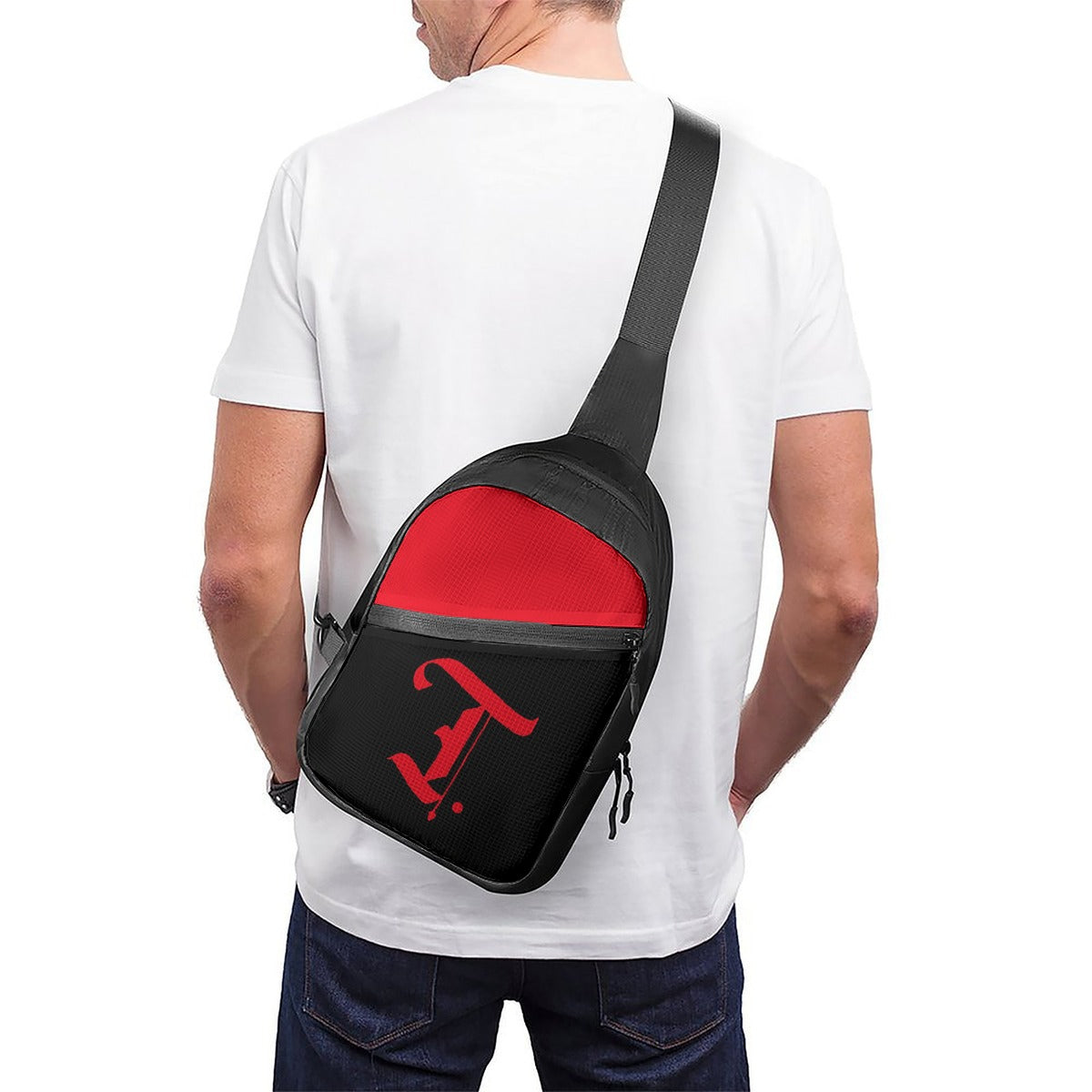 Person wearing a black and red sling bag