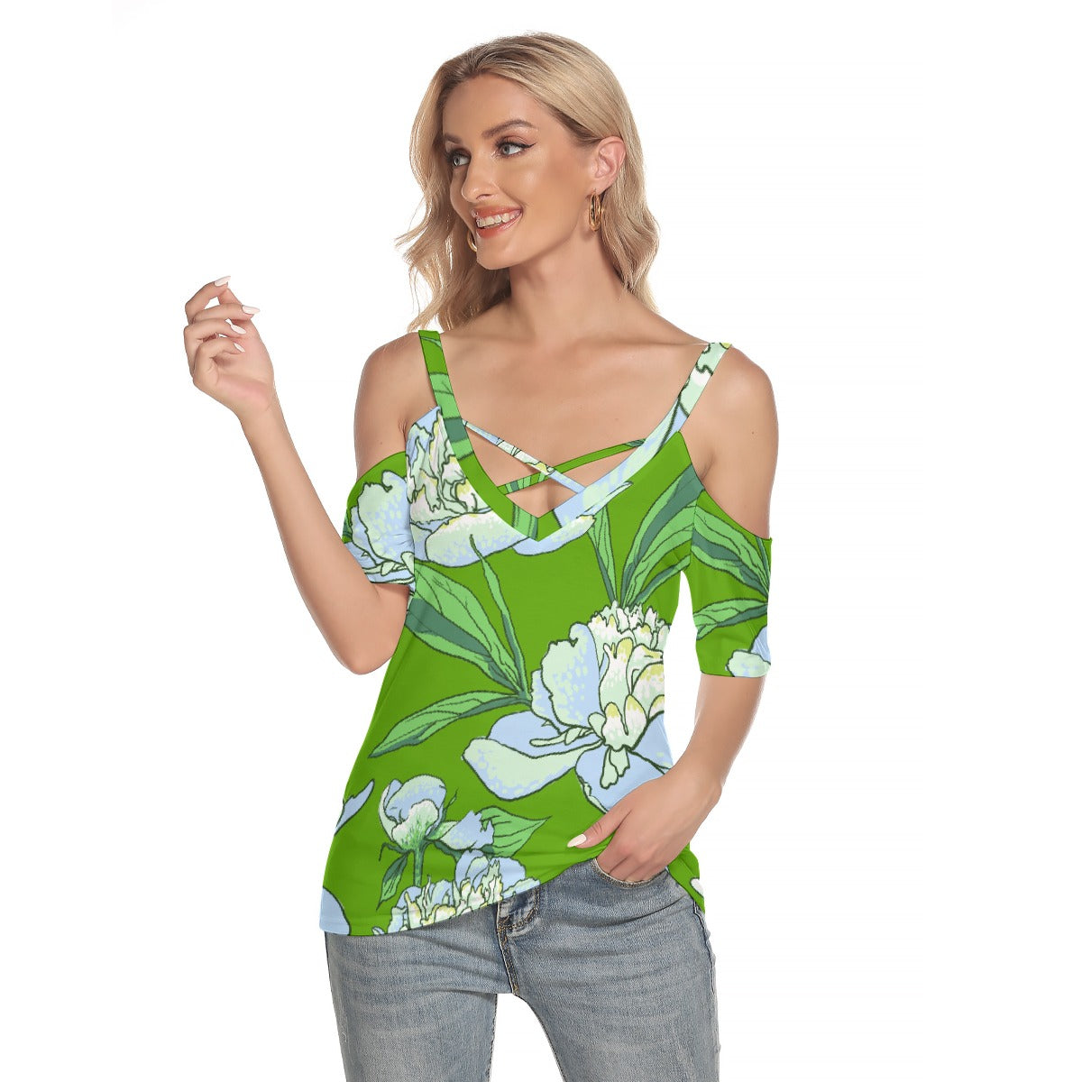 Women's Cold Shoulder T-shirt With Criss Cross Strips
