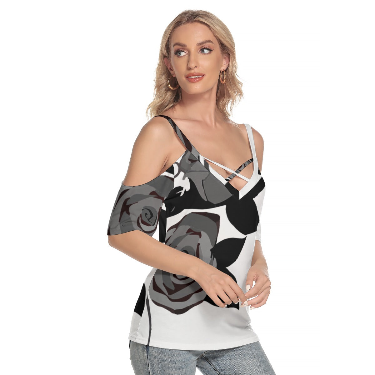 Women's Cold Shoulder T-shirt With Criss Cross Strips