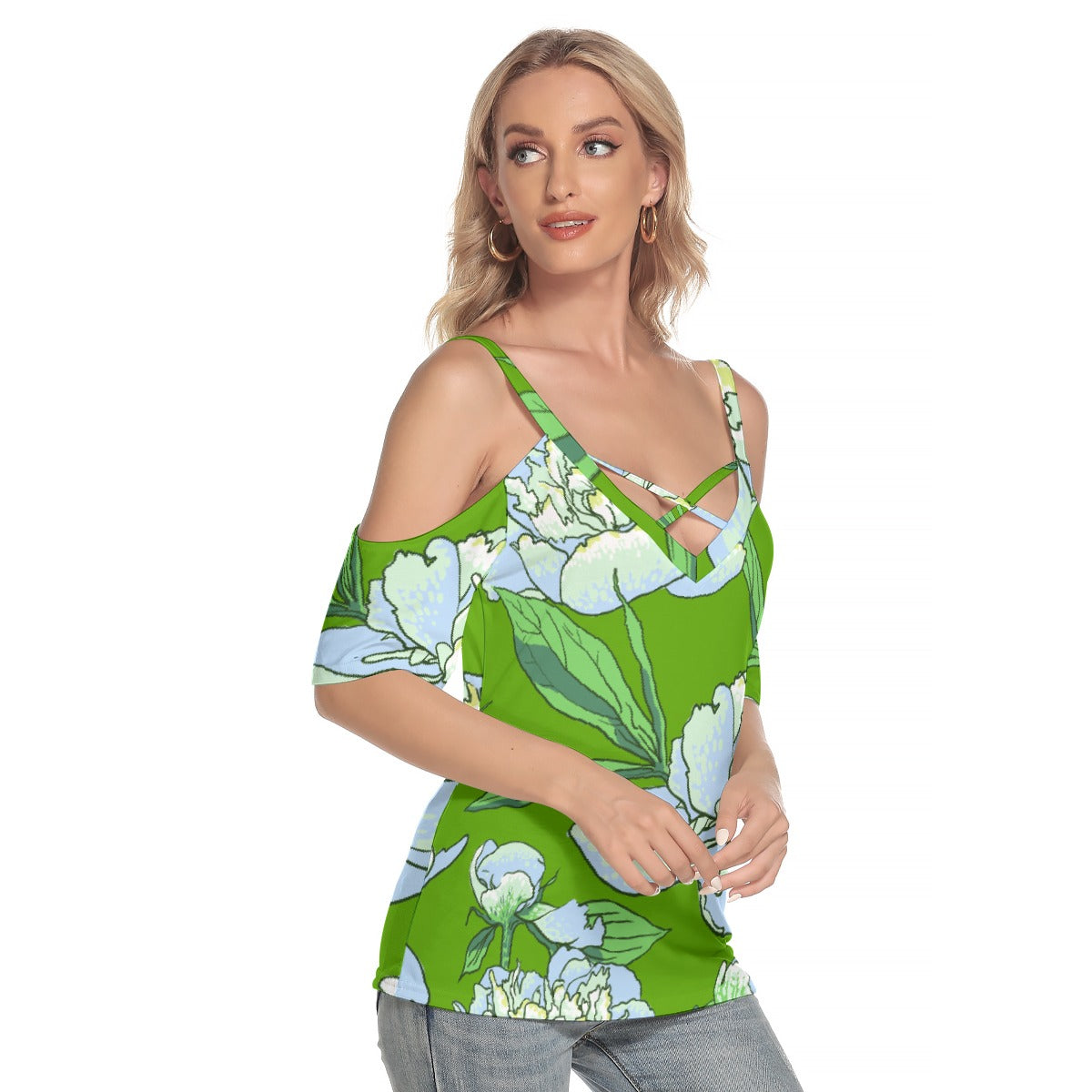Women's Cold Shoulder T-shirt With Criss Cross Strips