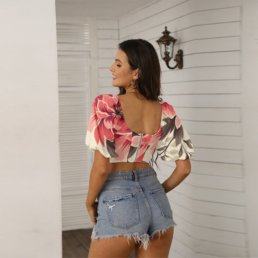 Women's Square Collar Cropped Top With Puff Sleeve