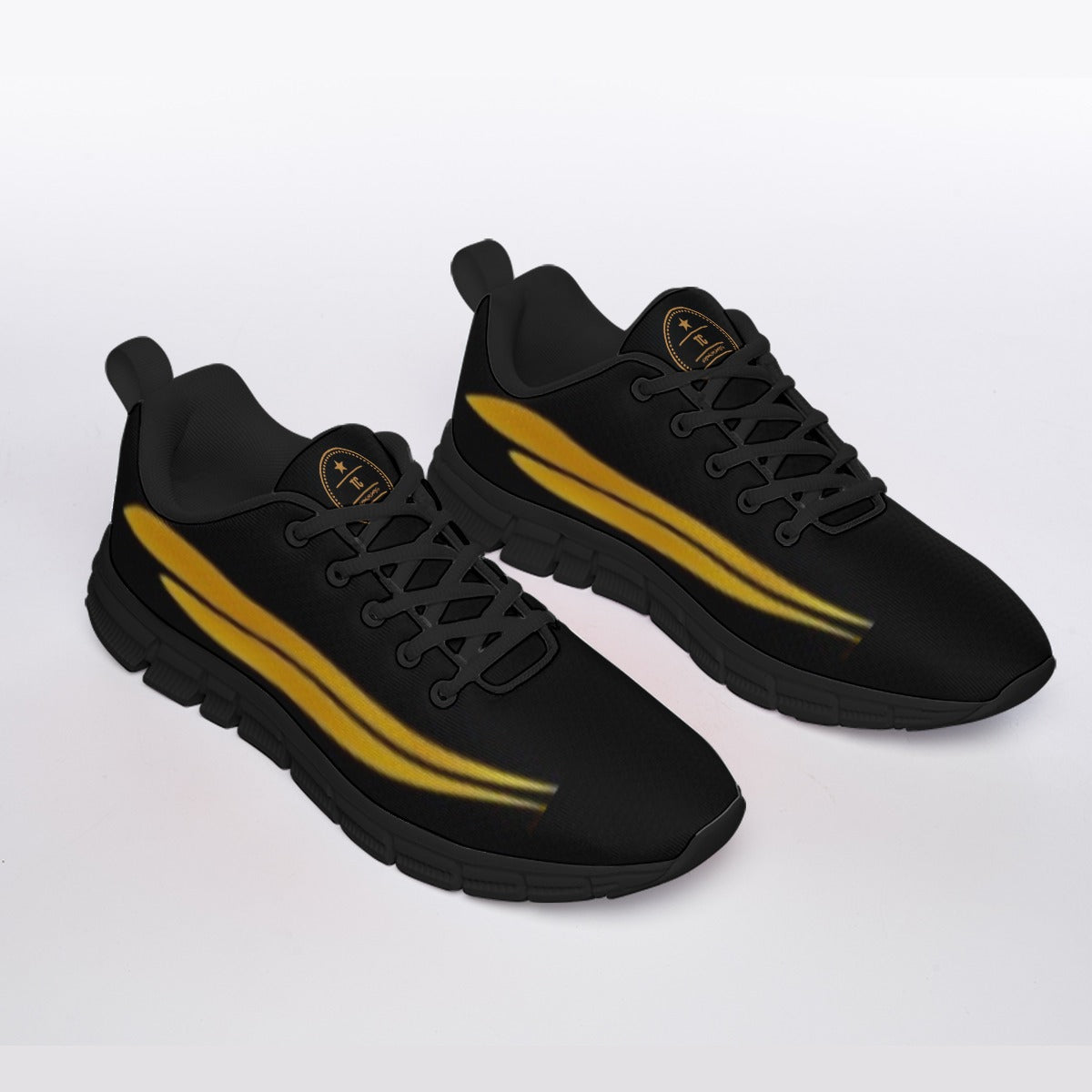 Black sneakers with yellow stripes