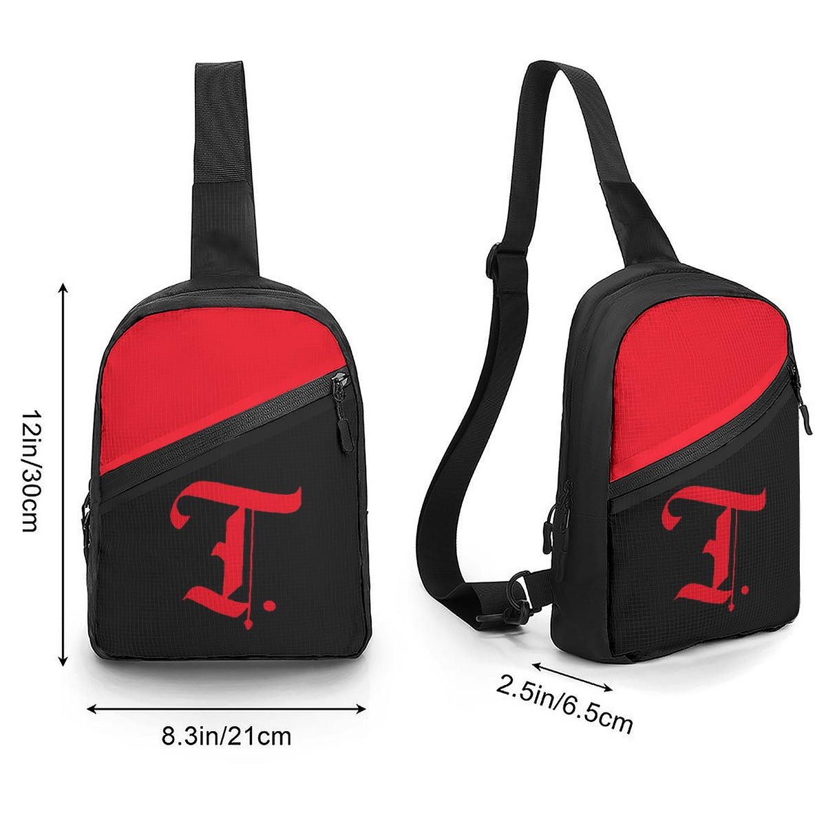 Black and red sling bag with measurements on a white background
