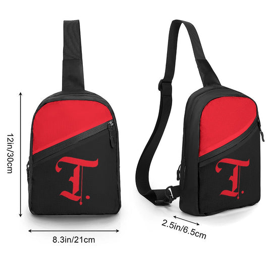 Black and red sling bag with measurements on a white background